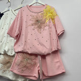 Fongt Set European Dress Design Butterfly Set Drill Short Sleeve T-Shirt Blouse Woman + Tight Waist Broad Leg Shorts Two Sets