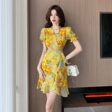 Fongt Style French Retro Floral Snowy Dress Women's Summer New Sanya Beach Irregular Dress