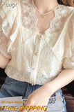 Summer V Neck Lace Shirt Fashion Short Sleeve Ruffle Stitching Sweet Women Tops with Suspenders Korean Crochet Blouse