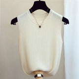 New Fashion Female Sleeveless Casual Thin Tops Ice Silk Knitted Vests Women Tops O-neck Solid Tank White Black Tops