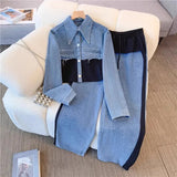 Fongt Splicing Fashion Casual Set Spring And Autumn New Long Sleeve Top + Broad Legs Long Pants Two Sets