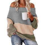 Fongt And Winter Women's One Word Collar Loose Splicing Color Knit Jumper Sweater
