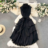 Fongt Three-Home Folded Dress Dress Wooden Ear Long Heavy Industry Pressure Folds High-End Exquisite Dress Woman