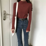 Fongt Winter Half-High Sweater Women Long Sleeve Pure Color Spring And Autumn Pit Stripe Loose Knitted Bottom