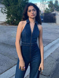 Halter Neck Denim Jumpsuit-Outfit