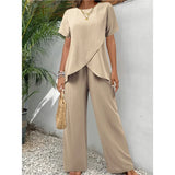 Fongt Summer New Women's Two-Set Short-Sleeved Jacket Round Collar Loose Leisure Irregular Set