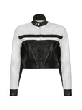 Women Gothic PU Leather Jacket Contrast Color Stand Collar Long Sleeve Zip-up Crop Top Bomber Coat Cool Racing