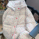 Floral Winter Short Jacket Women Gentle Wind Zip Up Thick Hooded Padded Coat Japanese Preppy Style Sweet Parkas Overcoat-Outfit