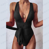 Solid Red One Piece Swimsuit Women Push Up Lace Up Bandage Bodysuit Brazilian Deep V Neck Backless Bathing Suit
