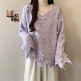Fongt Three-Dimensional Bow V-Neck Shoulder Knitted Sweater Woman 2025 Autumn Big-Size Fat Mm Super Nice Look And Beautiful Top