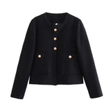 Fongt 2025 New Women's Casual Single-Clip Round-Neck Long Sleeve Loose Texture Short Small Fragrant Coat