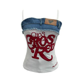 Fongt Edge Denim Spliced Letter Embroidered Sling Sling Vest T-Girls Short Top 23098