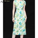 Han Queen Elegant Fashion Print Slim Office Pencil Dress Women's Korean Sheath Pencil Dresses Mid-Calf Party Bodycon