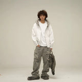 Fongt Selling Vintage Fur Collar Couple Hooded Zip Open-Air Jacket Oversize Design Niche Coat