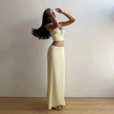 Satin Contrast Trim Bow Crop Top And Maxi Skirt Two Piece Set-Outfit