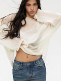 Fongt Knitted Jersey 2025 Spring And Summer New Female Perspective Thin Round Collar Horn Sleeve Knit T-Shirt