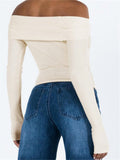 Women Off Shoulder Crop Tops Pullovers Solid Color Ribbed Slash Neck Sweaters Long Sleeve Exposed Navel Knitwear 2023-Outfit