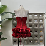 Knitted Bandage Pressure Fish Bone Tiring Waist Tset + Flowers Ultra-Short Low Waist Skirt