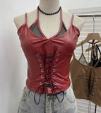 Fongt Shooting Locomotive Punk Pu Splicing Fishing Net Hanging Neck Sling Vest Babes Wearing Rope Repair Short Blouse 8106
