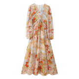 Fongt Women's Summer Romantic Lace Printing Design Feel Waist Slimming V-Neck Long-Sleeved Dress