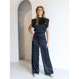 Fongt Summer New Women's Solid Color Straight Collar Sleeveless Loose Sleeves Wide-Legged Jumpsuit