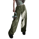 Drawstring Cargo Style Parachute Pants Basic Pockets Baggy Trousers Women Sporty Y2K Teachwear