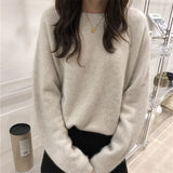 Fongt New 2023 Autumn And Winter Pure Color Shows Thin Knit Bottom Shirt Soft Wind Soft Round Collar Jacket Versatile Loose Sweater-Outfit