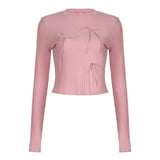 Young Girl Style Bow Tie Tie Stitched Knitted Blouse 2024 Round Collar Pit Strip Slim Solid Color T-Shirt-Outfit