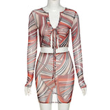 See Through Hot Sexy Women Matching Sets Bandage Long Sleeve Bodycon Club two Piece Outfits Crop Top And Skirt