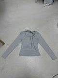 Fongt Girl Wind Around The Neck Tidling Design Bow Long-Sleeved T-Shirt Temperament Striped Print Top