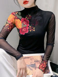 Winter Locating Printed Floral Mesh T-shirt Tee Lady Turtleneck Long Sleeve Double Layered Base T Shirts-Outfit