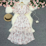 Fongt Wind Temperament Sweet Broken Flower V Collar Dress Beach Vacation Snow Spinning A Word Long Skirt-Outfit