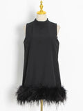 Solid Elegant Dresses For Women Casual Summer Sleeveless Patchwork Feather Hem Women's 2022 Mini Dress Fashion