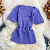 Fongt Spice Sister Wind Short T Shirt Short Sleeve Design Sense Small Square Collar Machine Dew Collarbone Crop Sweater Jacket Female-Outfit