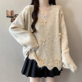 Fongt Three-Dimensional Bow V-Neck Shoulder Knitted Sweater Woman 2025 Autumn Big-Size Fat Mm Super Nice Look And Beautiful Top