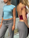 Backless Short Sleeve Blue Y2K Crop Top Women Casual O Neck 2022 Summer T Shirts Sexy Vintage Cut