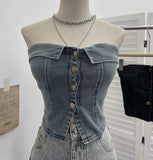 Fongt With Chest Cushions Denim Bra Sleeveless Top Single Buckle One-Pack Short Vest 2738