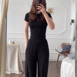 Fongt Summer New Women's Round Neck Solid Color Wide Leg Pants Commuting Leisure Suit Women