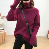 And Winter High-Collar New Thickened Pit Striped Sweater Women's Size Loose Lazy Wind Retro Thin Knitted Bottom Sweater-Outfit