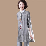 Striped Cotton Long-Sleeved Ladies' Shirt Korean Version Loose Shirt Embroidered Large Size Medium-Length Blouse-Outfit