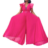 Fongt With Belt Large Size Women's New Mesh Perspective Sexy Folded Broad Leg Waist Jumpsuit