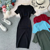 Fongt Solid-Color Temperament Round-Neck Knitted Tight Skirt Dress Bag Hip One-Step Skirt Dress Mid-Long Model