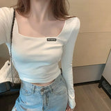 Fongt Square Collar Embroidered Long-Sleeved T-Shirt Women's Fall 2024 Versatile Slim Short Crop Bottom Shirt Slim