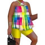 Summer New Hanging Neck Off Shoulder Top and Shorts Two Piece Women's Loose Color Print Street Style Casual Set-Outfit