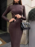 Fongt And Winter Long-Sleeved Knitted Dress 2024 New Sweater Dress Striped Long High-Collar Tight Sexy