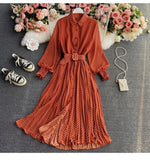 Fongt Shirt Collar Wave Dot Dress Spring And Autumn New Gentle Wind Temperament To Close The Waist Of The Big Folded Fork Woman