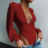 Club V Neck High Waist Solid Regular Long Sleeve