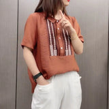 Peter Pan Collar Blouse Casual Loose Female Clothing Stylish Printed Patchwork Button 2023 Summer New Short Sleeve Shirt-Outfit