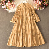 Temperament Aging Solid Color Simple Dress Autumn Dress Korean Version Fashion Bubble Long Sleeves Show Thin Button Long Skirt Women-Outfit
