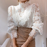 Patchwork Shirt Button Hollow Out Tops Korean Chic Lace Blouse Women Flower Stand Collar Blusas Petal Sleeve Blouses